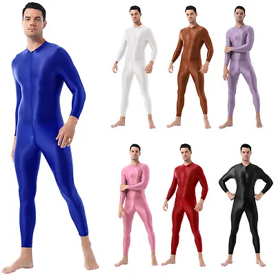 Mens Oil Glossy Long Sleeves Full Body Suit Body Catsuit Unitard Zentai Jumpsuit • £9.59