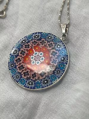 Sterling Silver Pendant & Chain Murano 1.5” Signd MM Millefiori Pendant Necklace • $17.50