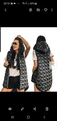 MINOUU JACKET LONG HOODED PUFFER GILET VEST QUILTED WITH HEART WARMER Rain S/M • £65