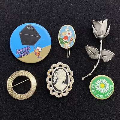 Vintage Metal Pins Lapel Pin Girl Scouts Atom Ant Cameo Giovanni Rose Lot Of 6 • $9.50