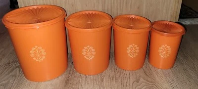 $24.25 • Buy VINTAGE TUPPERWAR SERVALIER NESTING 4 CANISTER Set ORANGE SUNBURST