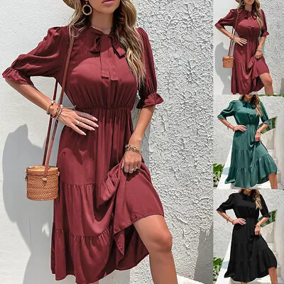 $26.21 • Buy Womens Half Sleeve Bow Solid OL Midi Dress Ladies Summer Casual Work Sundress US
