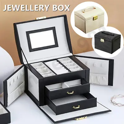 Large Jewellery Boxes Leather Storage Case Drawer Cabinet Necklace Organizer  • £15.99