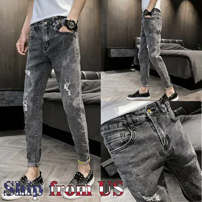 Man's Casual Denim Ripped Straight Slim Fit Cargo Jeans Joggers Elastic Trousers • $21.99