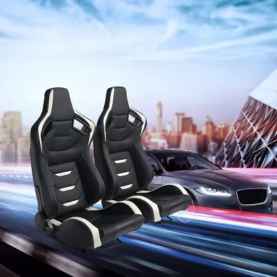  PU Leather Car Racing Seat Set Universal Recline Racing Seats W/2 Sliders Black • $371.99