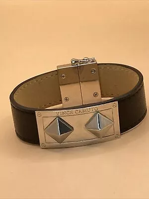 Vince Camuto Silver Tone & Black Leather Magnetic Latch 7” Bracelet • $10