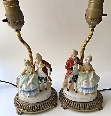 Pair Colonial Victorian Couple Boudoir Porcelain Lamps Brass Base Japan • $29.98