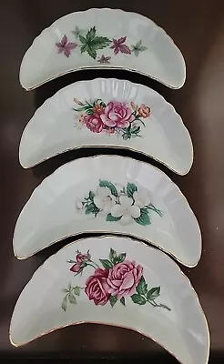 Vintage Set Of 4 Crescent Shaped Dishes Handpainted Floral Design • $18