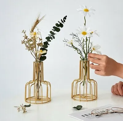 2PC Gold Flower Vase For Centerpieces Home Decor Clear Glass Test Tube 2 Pack • $18