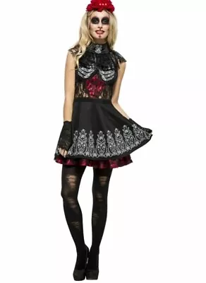 Day Of The Dead Sugar Skull Costume Halloween Mexican Fancy Dress Size 8-10 • £27.99