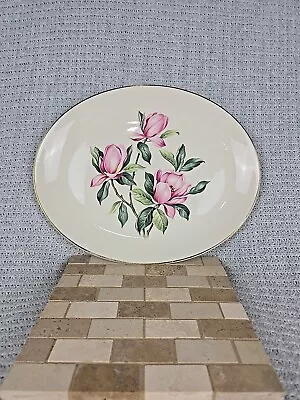 Homer Laughlin Rhythm Pink Magnolia Serving Platter Gold Trim Vintage • $48