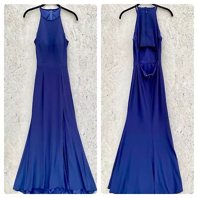 Sherri Hill Halter Cut Out Front Slit Maxi Prom Dress Gown Sz 4 Navy Blue • £86.68