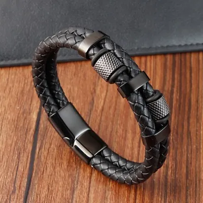 Stainless Steel Genuine Leather Men Strength Fashion Bangle Wrap Bracelet Gifts • $13.95