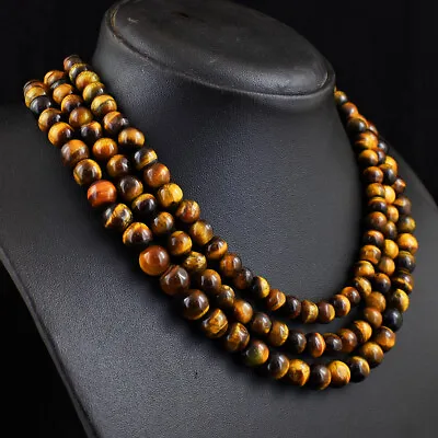 686 Cts Natural 3 Strand Tiger Eye Round Shape Beads Womens Necklace JK 54E380 • $3.25