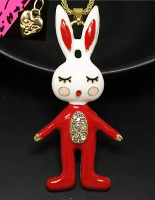 Betsey Johnson Crystal Cartoon Bunny White Rabbit Pendant Necklace Free Gift Bag • $29.99