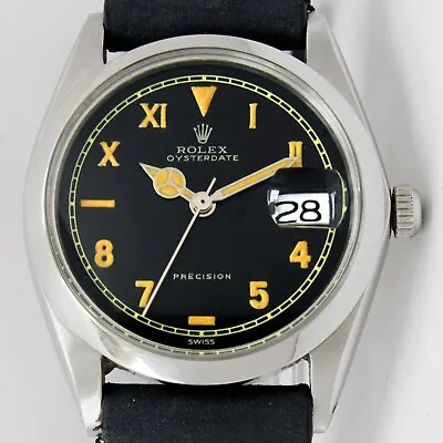 Rolex OysterDate Precision Winding Half Roman Black Dial Mens Vintage Watch 6694 • $3199