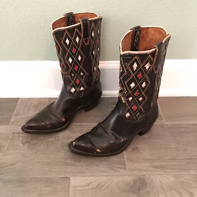 VINTAGE ACME 1960 Diamond Inlay Brown Boots￼ Size 9D • $250