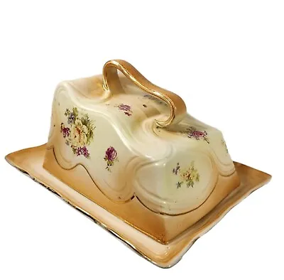 $29.99 • Buy Antique Cheese Keeper Floral Handpainted 10kt Gold Trim Butter Server Victorian 