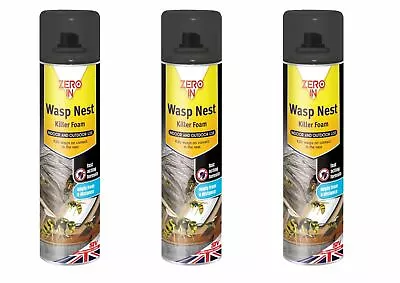 3 X Zero In Wasp Wasps Nest Foam Destroyer Killer Spray Pest Control 300ml  • £17.49