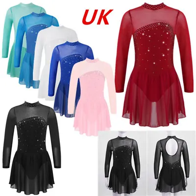 UK Girl Figure Ice Skating Dress Shiny Mesh Long Sleeve Ballet Dancewear Leotard • £15.38