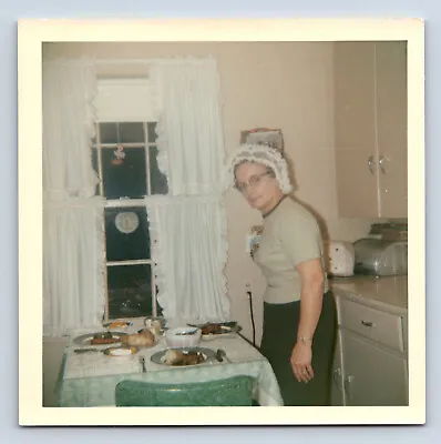 2 Vintage Photographs Woman At Kitchen Table W/ Food Meals On Plates 3.5x3.5 • $4.99