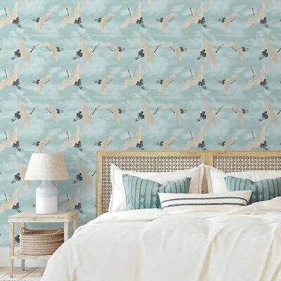 Japanese Cranes Wallpaper Metallic Bird Catherine Lansfield 206512 Duck Egg • £12.99