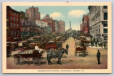 A809 Vtg Postcard Bonsecours Market Montreal Canada Horse Drawn Buggy Gravel • $4.87