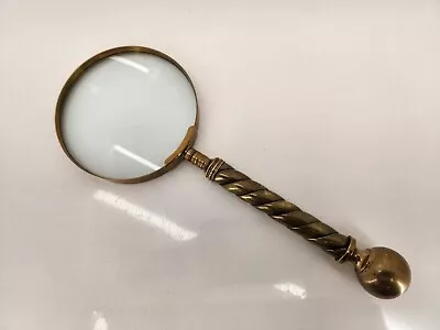 Vintage Hand Held Magnifying Glass W/ Solid Brass Twisted Handle & Pommel 10  • $29.99