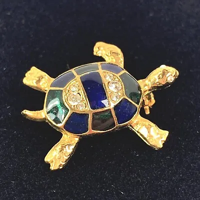 Vintage Sea Turtle Pin Brooch Goldtone Blue Green Inlay And Rhinestones Jewelry • $10.59