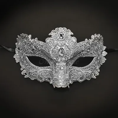 Brocade Lace Masquerade Mask Embellished With Gems For Women SILVER • $14.95
