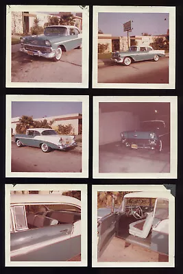 FOUND PHOTO LOT Blue 1956 Chevy Bel Air Interior And Exterior Snapshot Vtg Color • $7.99