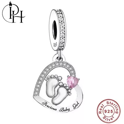 Baby Girl Feet Charm Precious Newborn Baby Shower Dangle Footprint 925 Silver • £15.99