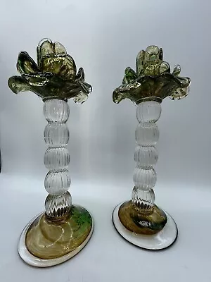 Venetian Hand Blown Glass Floriform Candle Holders Set Of 2 Vtg 1990’s • $84.35