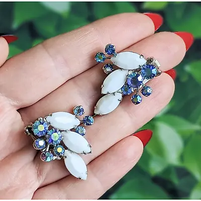 Vintage Weiss Earrings - 50s Milk Glass Blue Aurora Borealis Rhinestone Clip Ons • $28