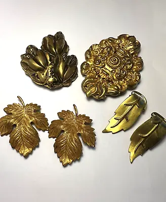 Vintage Lot Of 6 Leaf Dress Clips Jewlery All Gold-Tone 2 Matching Sets Filigree • $19