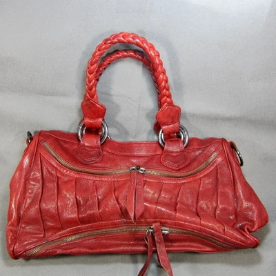 $30 • Buy Treesje Red Pleated Double Handle Leather Satchel W/ Silver  Hardware Preowned