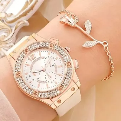 Rhinestone Watches Bracelet Set Leather Watch Band Wristwatch  Girl • $16.46