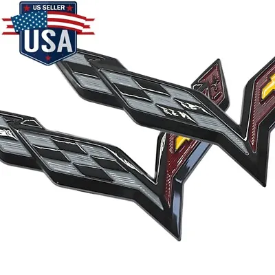 For Corvette C7 2014-2019 Gloss Black Front & Rear Set Cross Flags Decal Emblem • $16.89