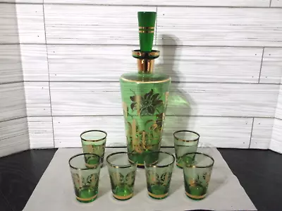 Vintage Liquor Decanter Set Green W/ Gold Floral & Rim  ( 6 ) Shot Glasses • $40