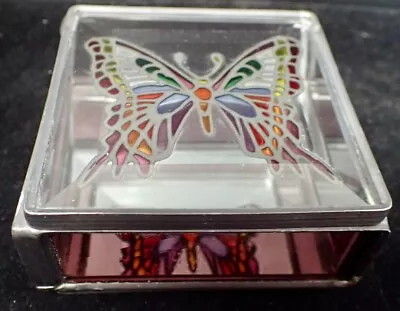 Vintage Stained Glass Trinket Box W/Butterfly Lid  & Mirror Bottom 3.25  X 1.5  • $9.99