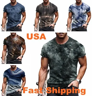 T-Shirt Men Abstract Vintage Graphic Retro Fitness Workout T Shirts Short Sleeve • $18.86