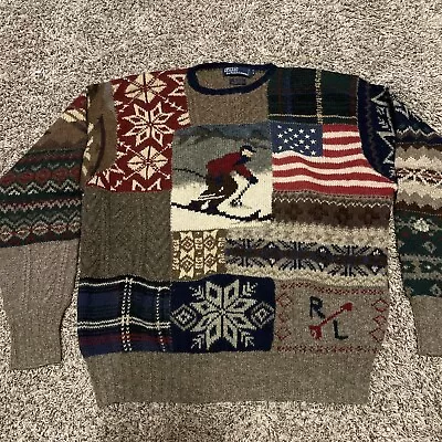 Vintage Polo Ralph Lauren Suicide Ski Downhill Quilted Wool Knit Sweater Sz XL • $400