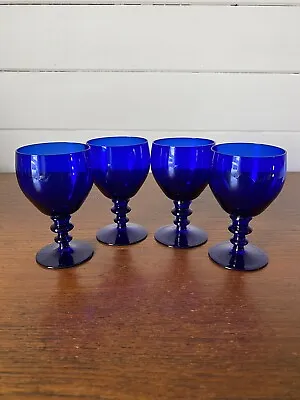 Four Vintage Bristol Blue Small Wine Glasses With Double Knopped Stem 100ml • $140