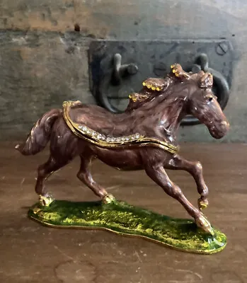 Horse Trinket Jewelry Box With Hinged Lid Enamel Jeweled Rhinestone Ring Holder • $19.50