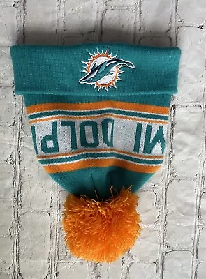 Miami Dolphins Beanie Winter  Hat Scull Cap Orange And Teal  LINED With Pom Pom • $14