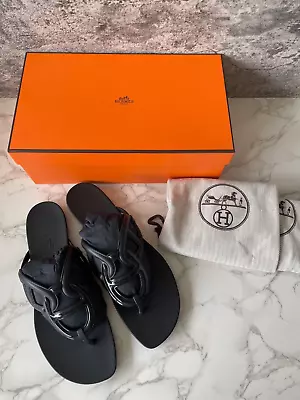 $485 • Buy New Authentic HERMES Egerie Mules Slides Shoes Thong Sandals Rubber Black EU 38