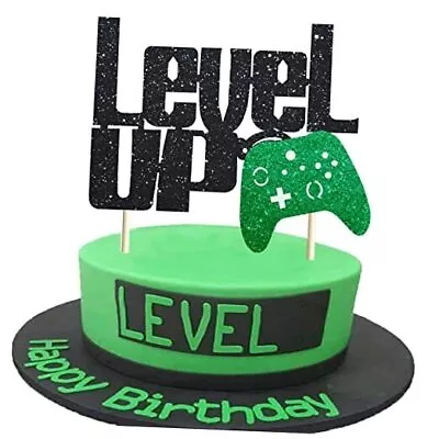 Letromp Level Up Cake Topper Black And Green Glittery Video Game Party Cake  • £14.55