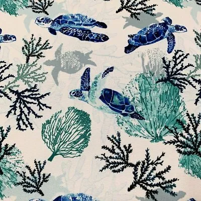 Nautical Upholstery Fabric Blue Ocean Sea Turtle Coral Reef Coastal Underwater • £0.99