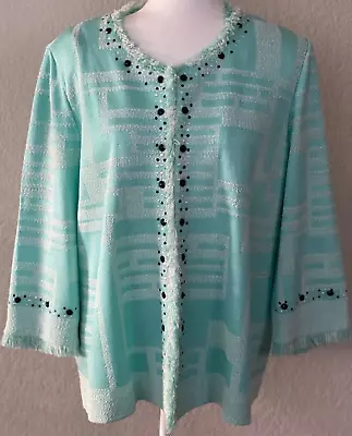 MING WANG Wms XL Jacket Aqua Geo Knit Sparkling Onyx Studs 3/4 Sleeve Fringe • $49.98