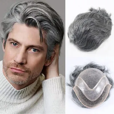 #1B50 Grey Human Hair Toupee Men Hairpiece Male Wigs Replacement System 8x10 • $126.99